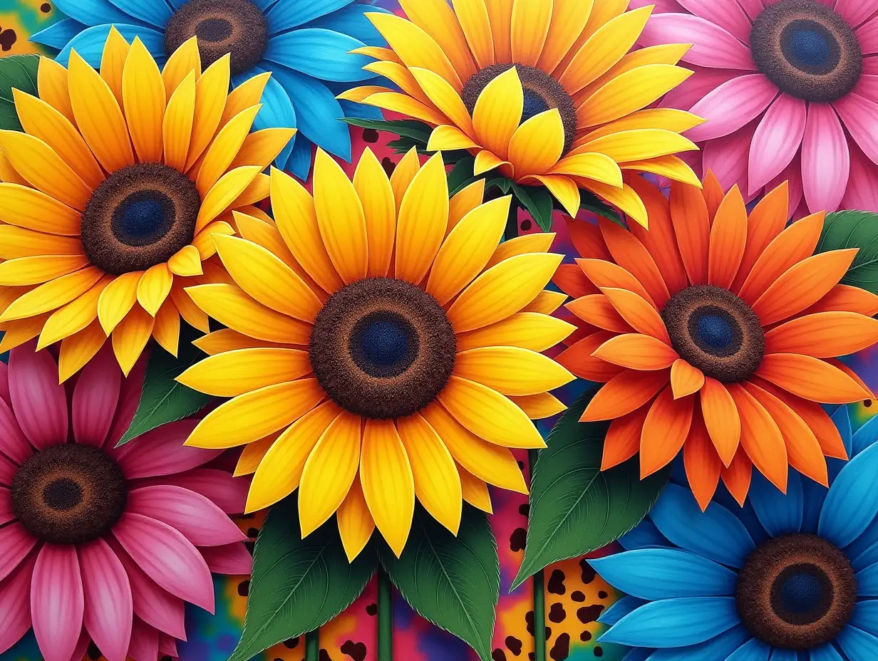 A vibrant and colorful composition featuring a mix of large, detailed sunflowers and other flowers with petals in shades of yellow, orange, pink, and blue. The background should include a tie-dye pattern with swirls of rainbow colors and leopard print patches interspersed throughout. The flowers should have intricate details, with visible textures on the petals and leaves, and the overall image should have a lively and dynamic feel. Oil painting