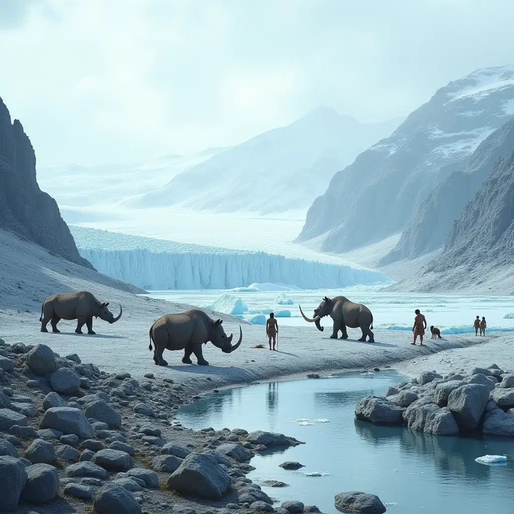 A dramatic Pleistocene landscape showcasing a glaciated environment with massive ice sheets stretching across the background, marking an intense glaciation period. The sea level has risen, with parts of the land submerged and icy waters lapping at the edges. The scene is populated with iconic megafauna, including mammoths, woolly rhinoceroses, and giant ground sloths, adapted to the cold, rugged terrain. Early human ancestors, such as Neanderthals and early Homo sapiens, are depicted working together in small groups, sheltered by rocks and primitive tools. The atmosphere is cold and stark, capturing the resilience and adaptability of both fauna and early humans in the face of the harsh, glacial environment