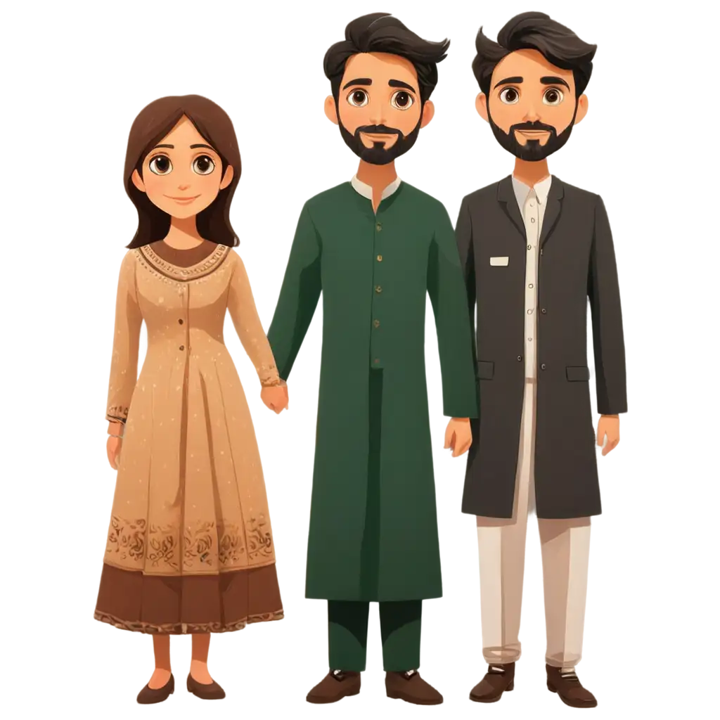 cartoon illustration of two female and one male pakistani school teachers standing together in a traditional dress