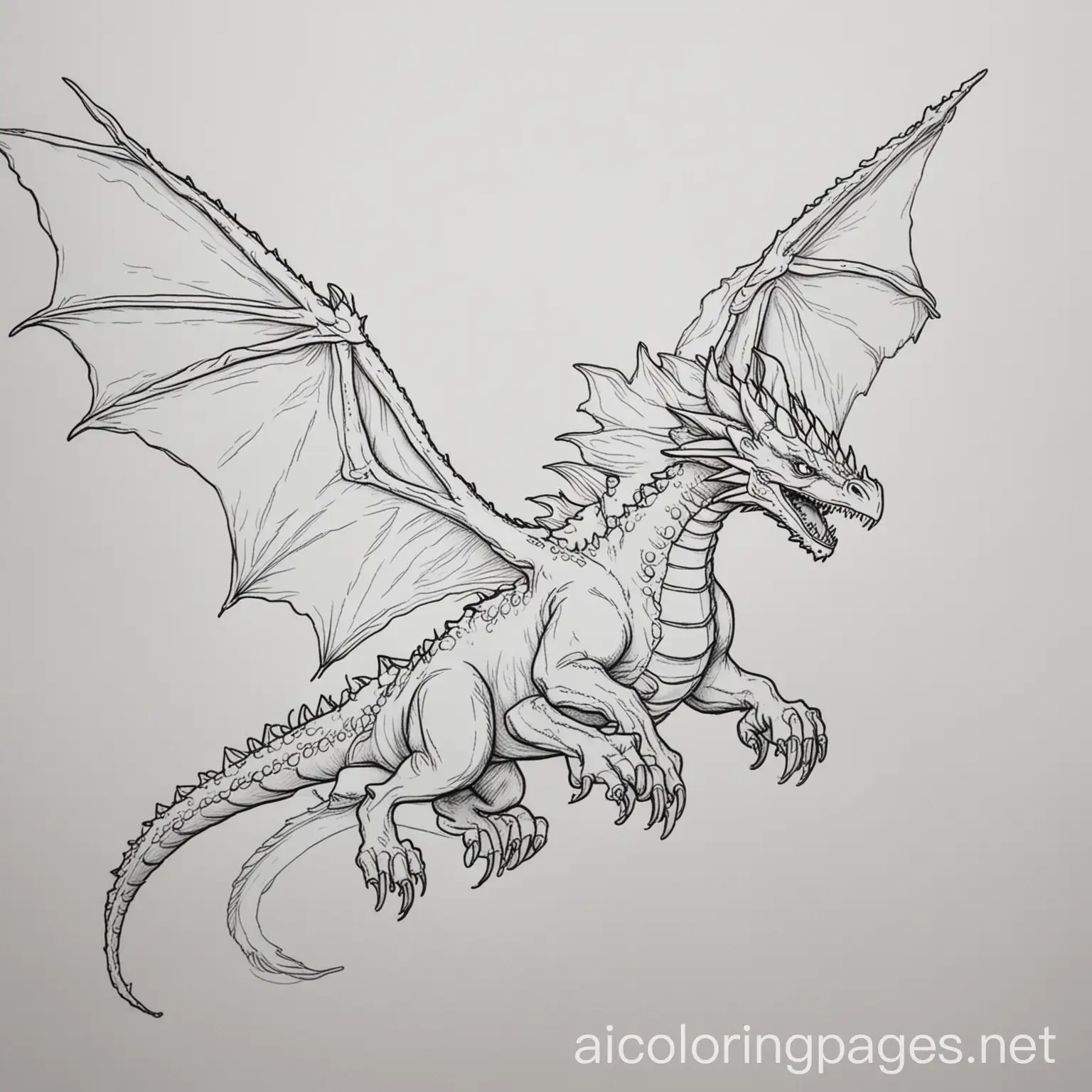 A fire breathing flying dragon. Coloring Page, black and white, line art, white background, Simplicity, Ample White Space. The background of the coloring page is plain white to make it easy for young children to color within the lines. The outlines of all the subjects are easy to distinguish, making it simple for kids to color without too much difficulty, Coloring Page, black and white, line art, white background, Simplicity, Ample White Space. The background of the coloring page is plain white to make it easy for young children to color within the lines. The outlines of all the subjects are easy to distinguish, making it simple for kids to color without too much difficulty