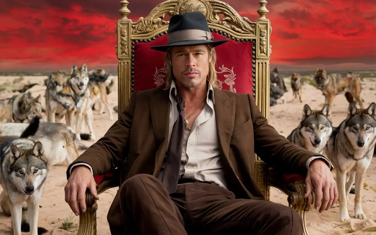 Brad Pitt Sitting on Royal Chair in Desert with Wolves Under Red Sky