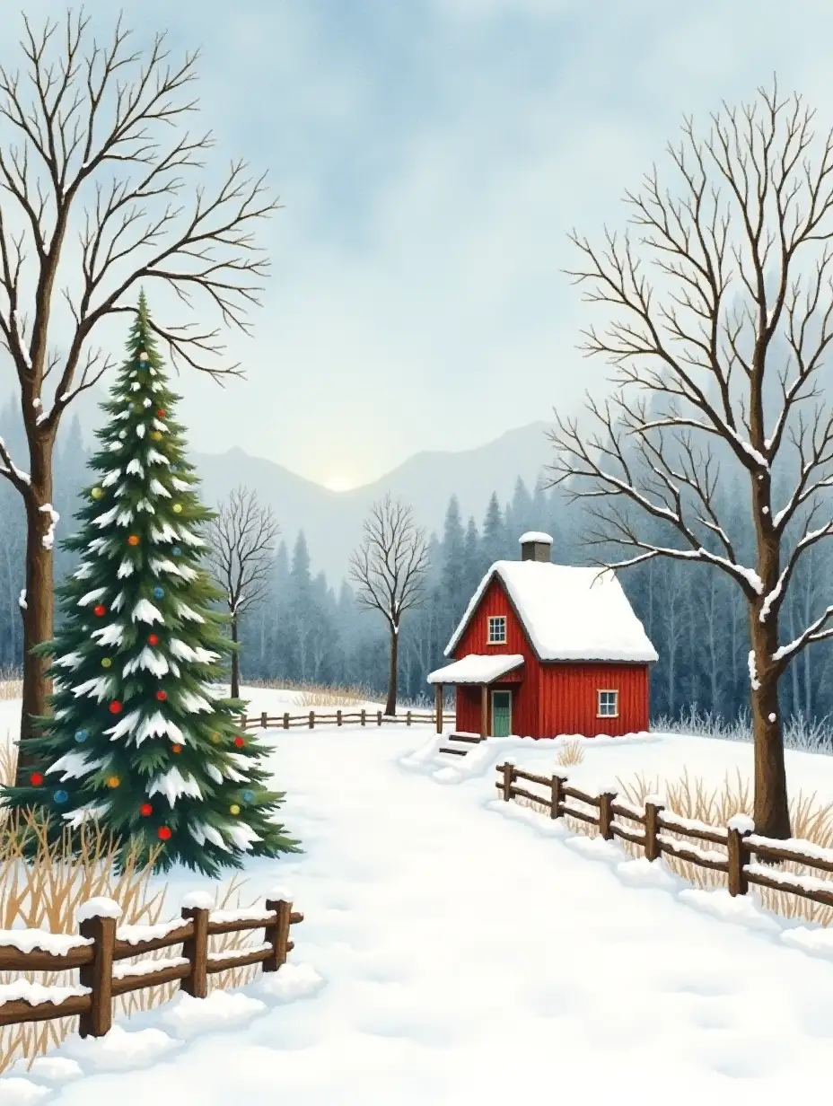 Christmas in the country Watercolor painting