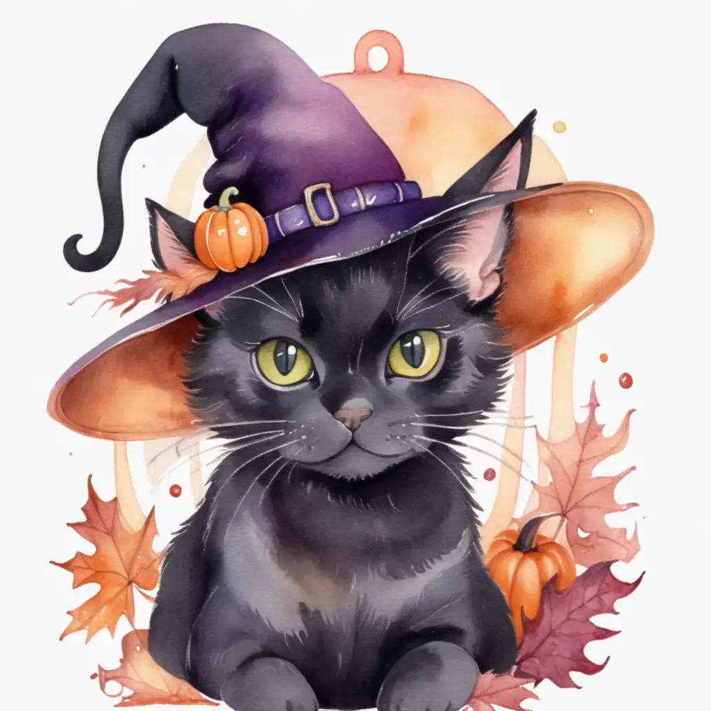 Cute Halloween Black Cat in Aesthetic Watercolor with Witch Hat