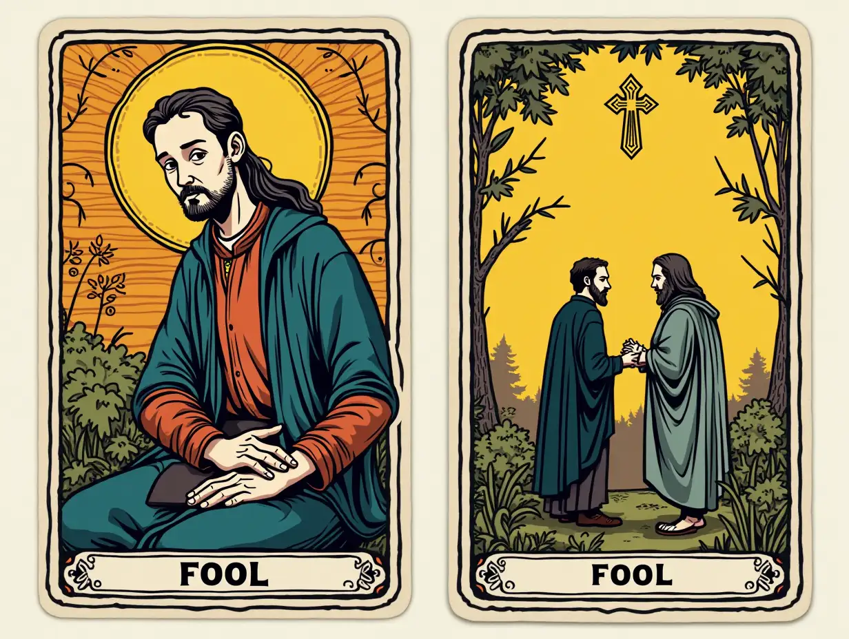 generate a Tarot card Fool's face, using a cartoon style, main color tones are #FFD52B and #39E5B1, the aspect ratio of the card is 20:11, containing the name of the card