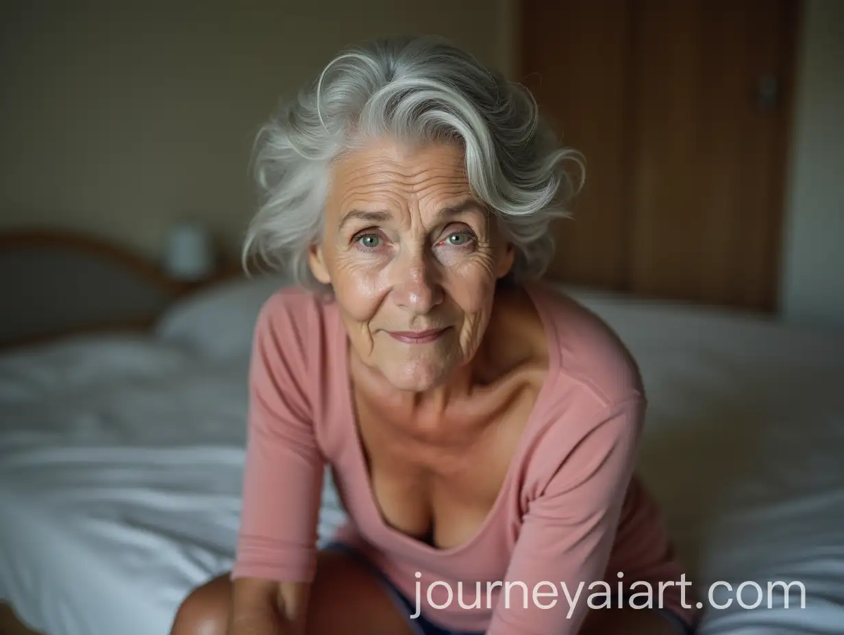 Elegant-75YearOld-Woman-with-Defined-Features-and-Stylish-Appearance-on-a-Bed