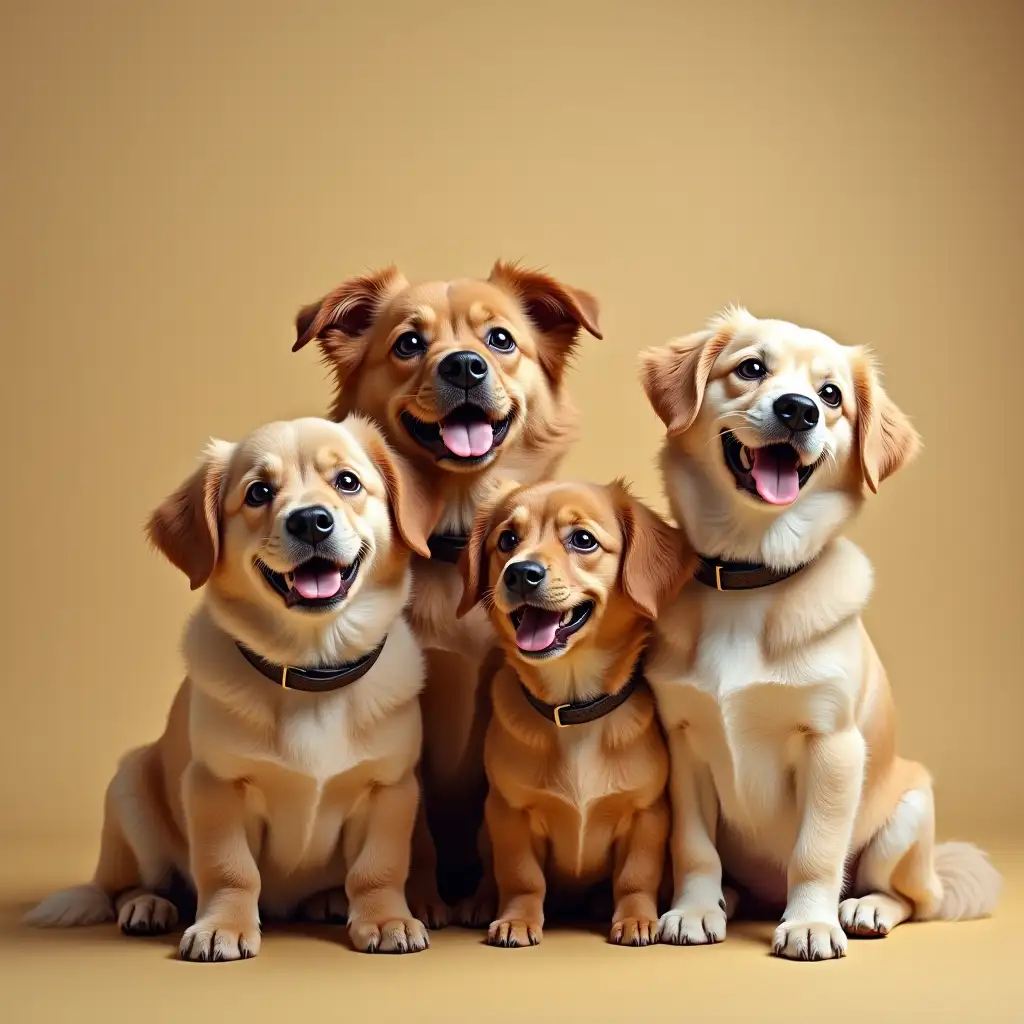 Group of cute dogs holding the phone and taking selfie together