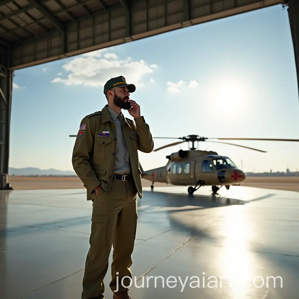 Russian-Military-Engineer-Speaking-on-Smartphone-Near-UH60-Black-Hawk-Helicopter-in-Aircraft-Hangar