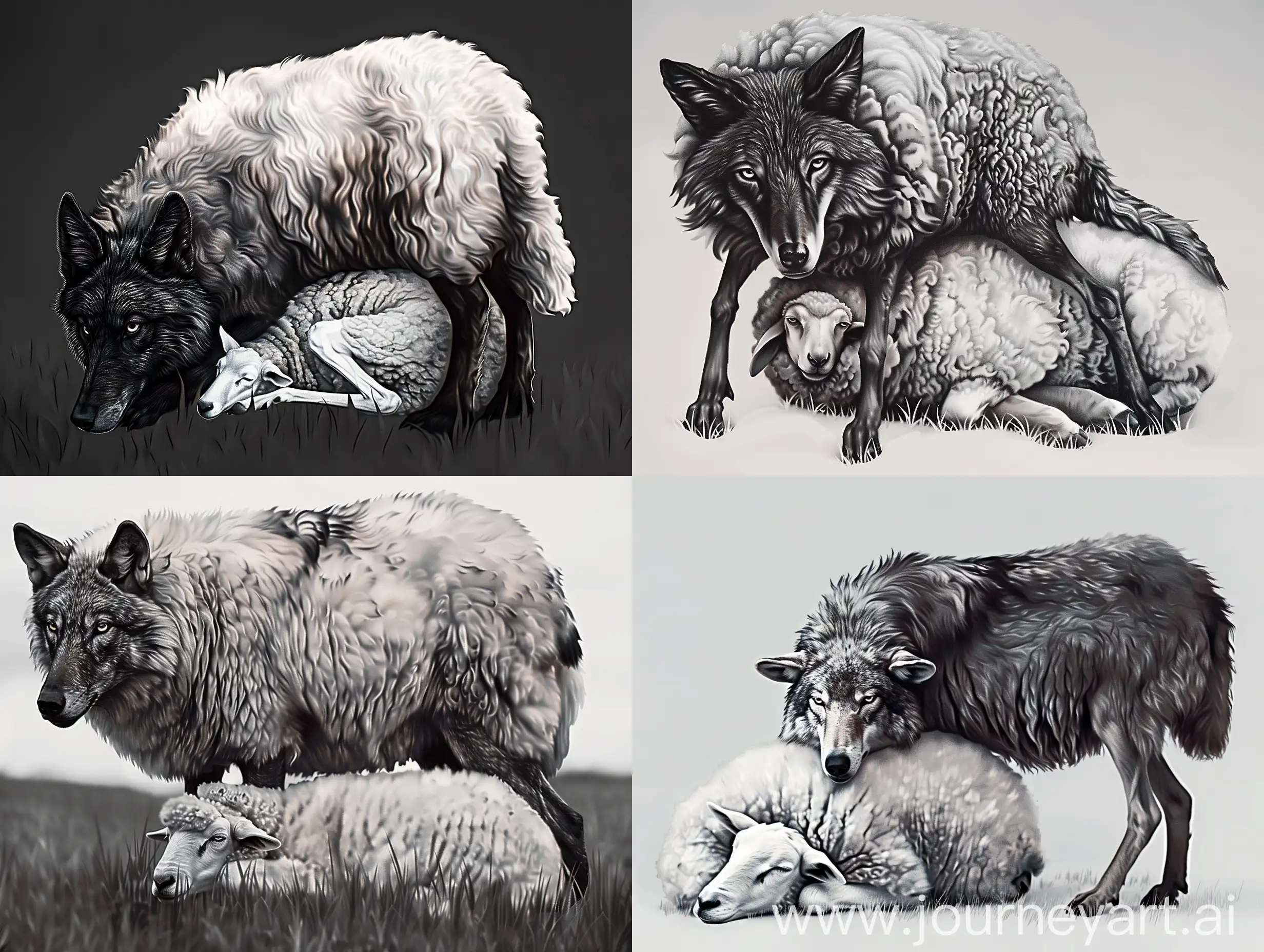 Minimalist-Black-and-White-Image-of-a-Wolf-with-a-Sleeping-Sheep