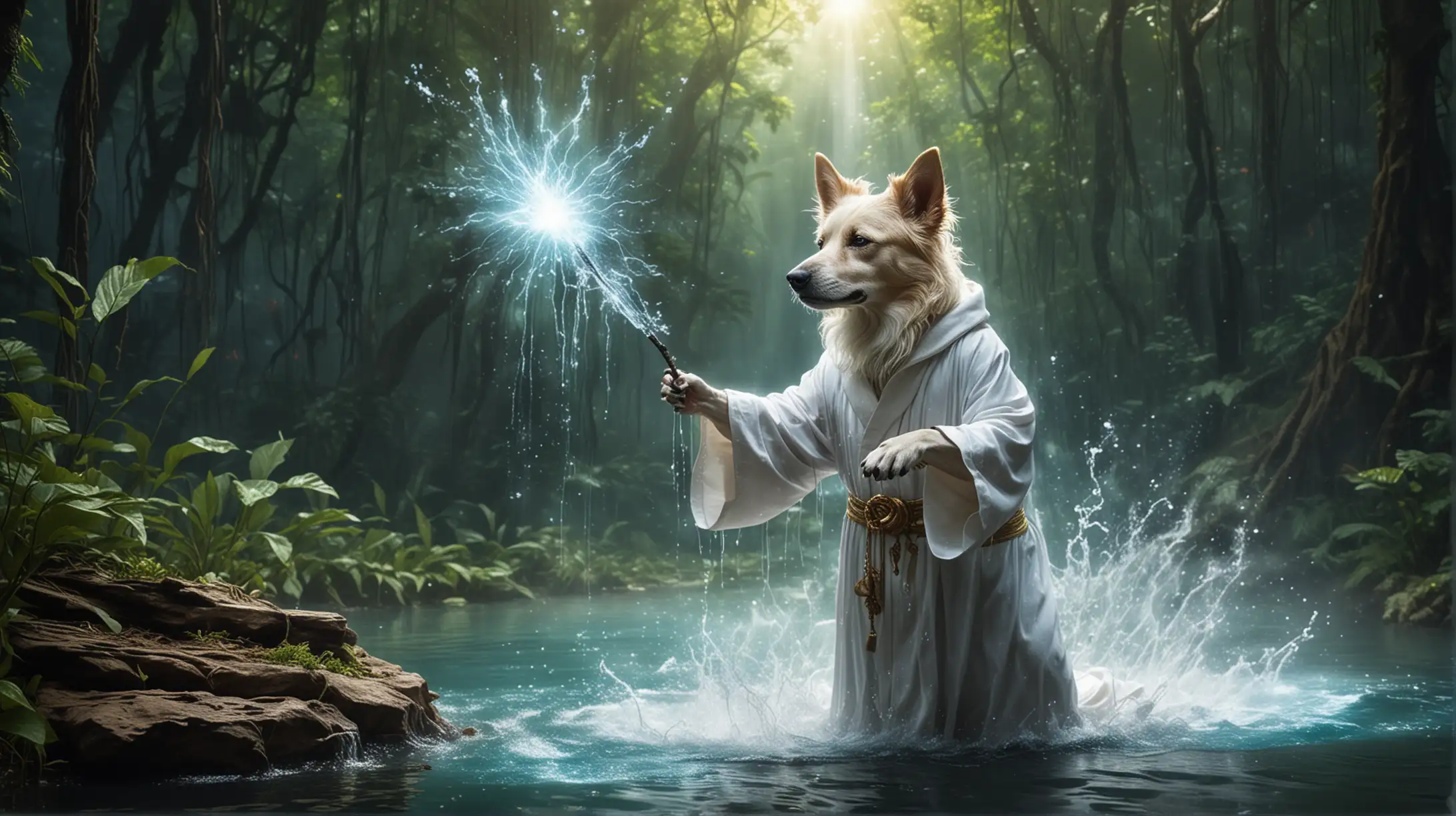 Fantasy Water Magician Dog Conjuring WaterElectricity in Jungle