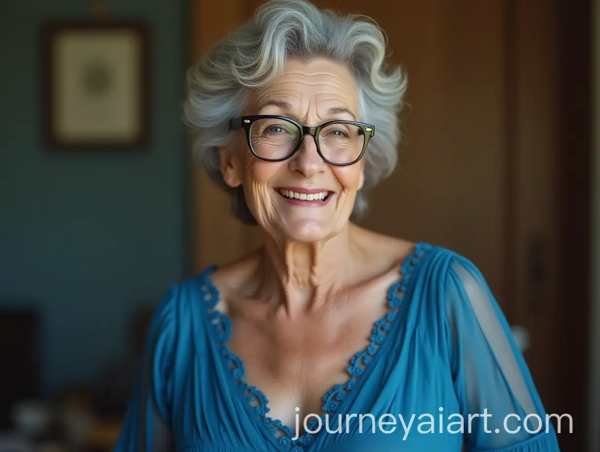 Elegant-75YearOld-Woman-in-Blue-Dress-Posing-with-Flirtatious-Smile