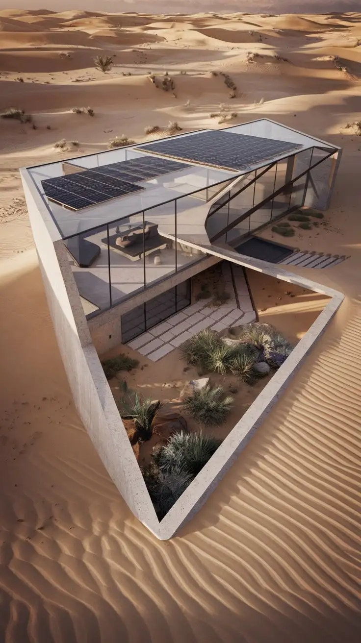 Exterior wide shot of a futuristic, minimalist underground home in a desert landscape. Sharp geometric lines, concrete and glass construction, partially submerged in sand dunes. Solar panels integrated into the roof. Oasis-like courtyard with native desert plants. Dramatic sunset lighting, ultra-high resolution, architectural visualization, photorealistic.