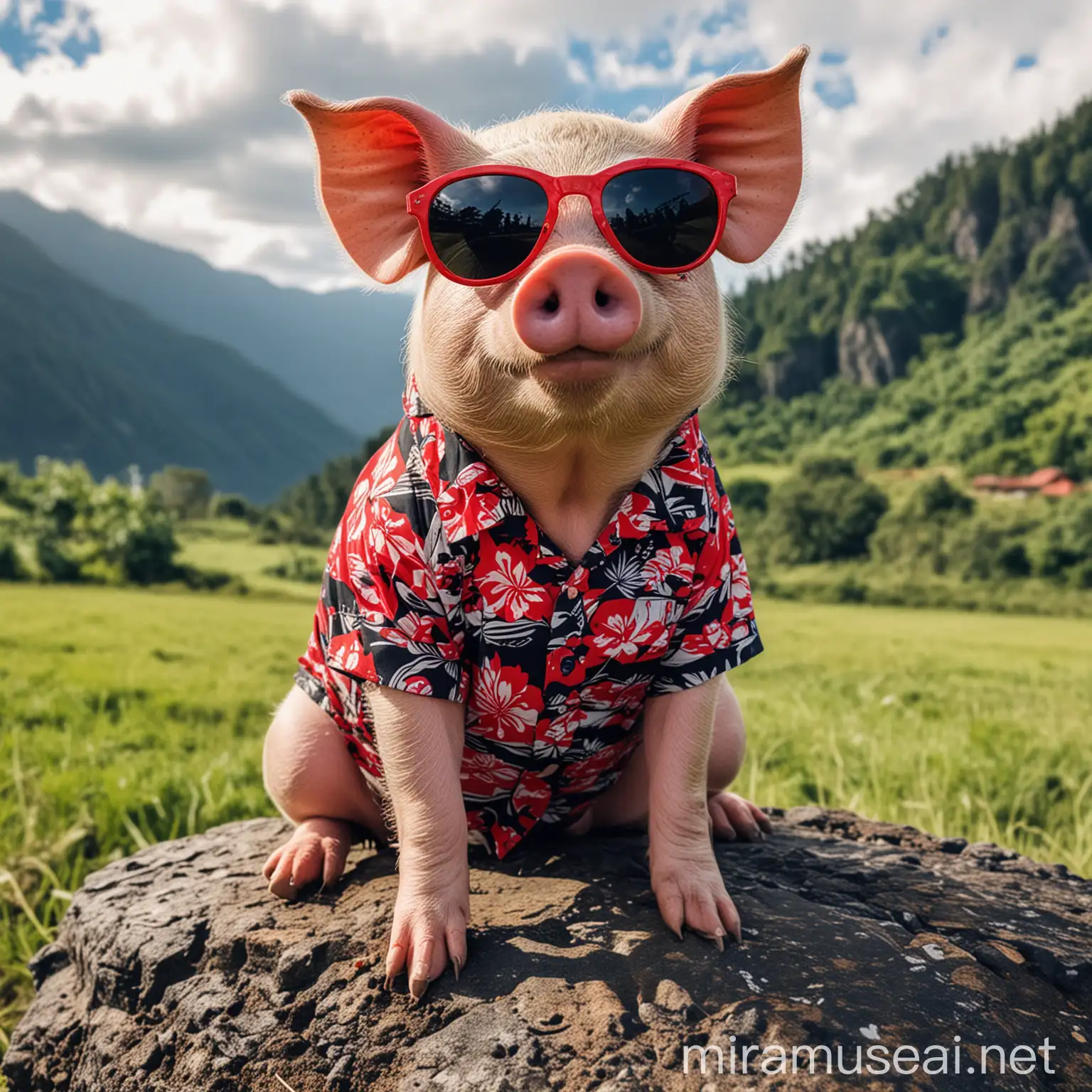 Pig in Sunglasses and Hawaiian Shirt Posing for Instagram Photo