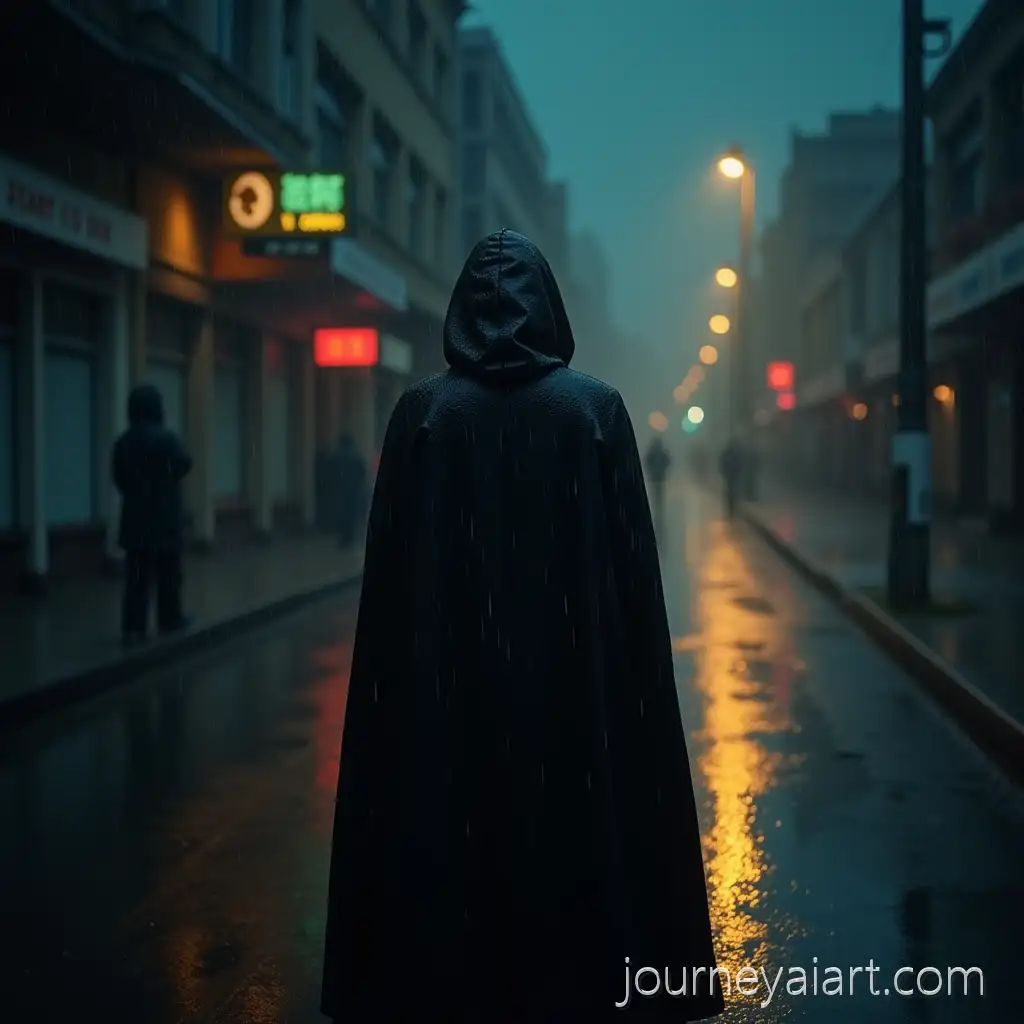Mysterious-Hooded-Figure-Walking-on-Rainy-NeonLit-Street-at-Night
