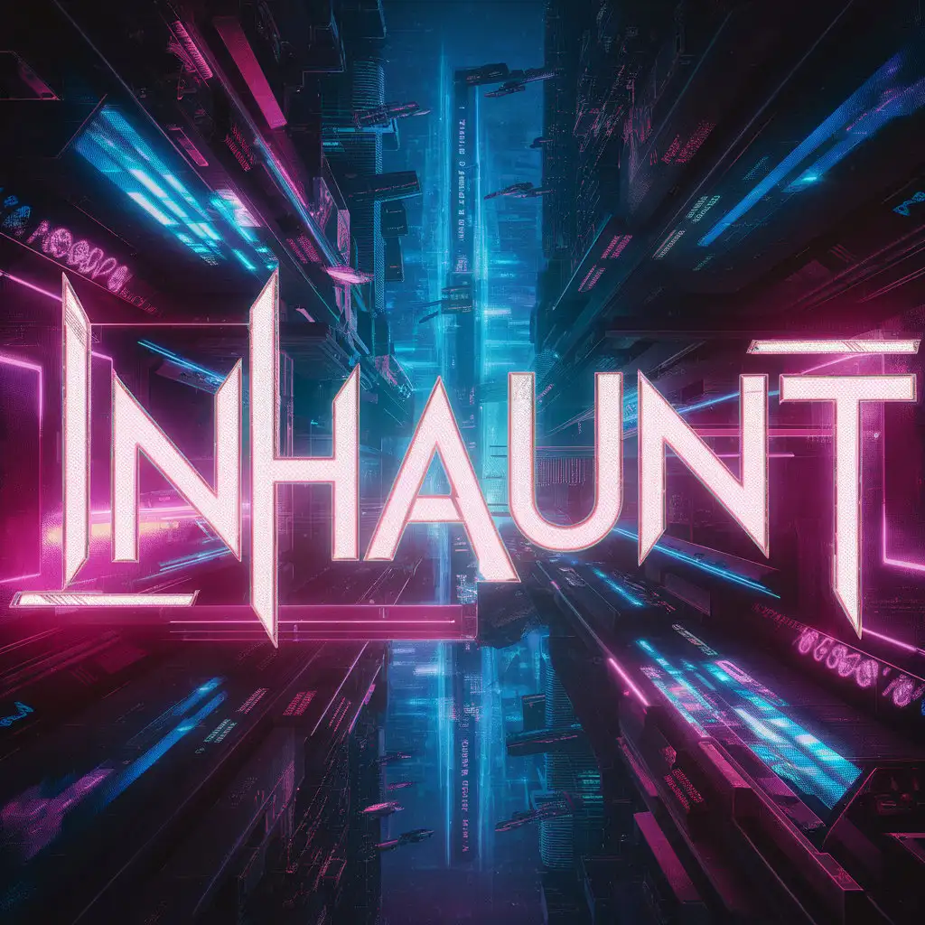 надпись INHAUNT в стиле неон на фоне Cyberpunk для игрового канала