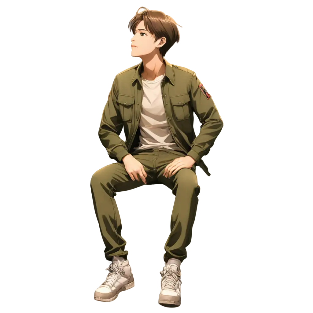 A young men siting in the darkness, brown jacket, military green pants, happy, looking up, thinking , anime , anime style