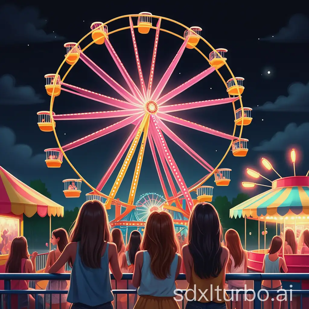 Girls-Riding-Ferris-Wheel-at-Amusement-Park-at-Night