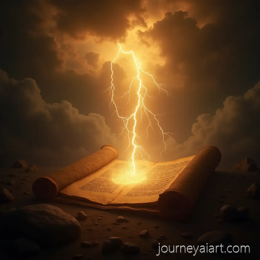 Ancient-Glowing-Scroll-Surrounded-by-Thunder-and-FireAncient-scroll-glowing-with-light-in-Dramatic-Heavenly-Scene