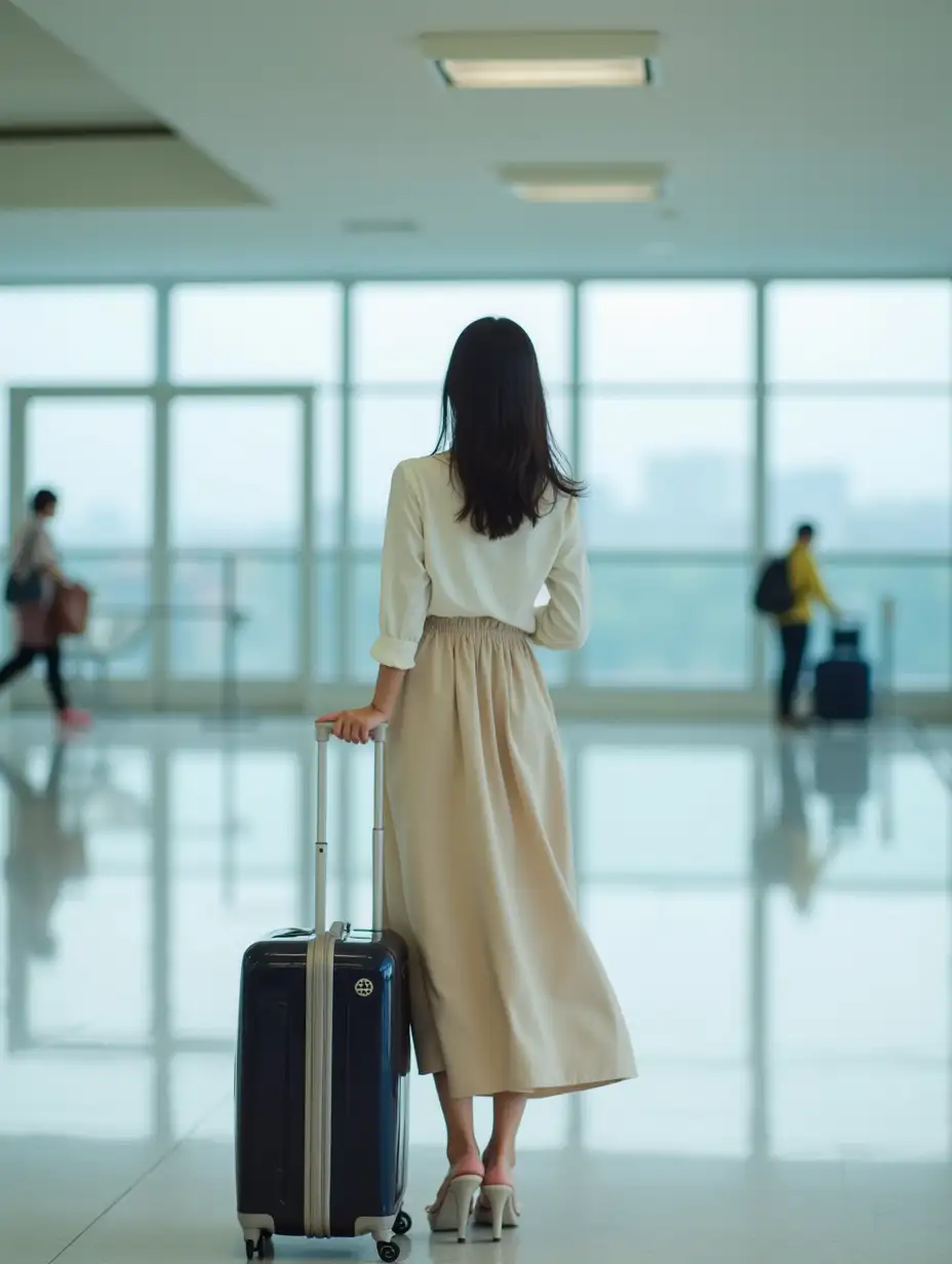 Asian Woman in LightColored Skirt Standing at Airport with Luggage