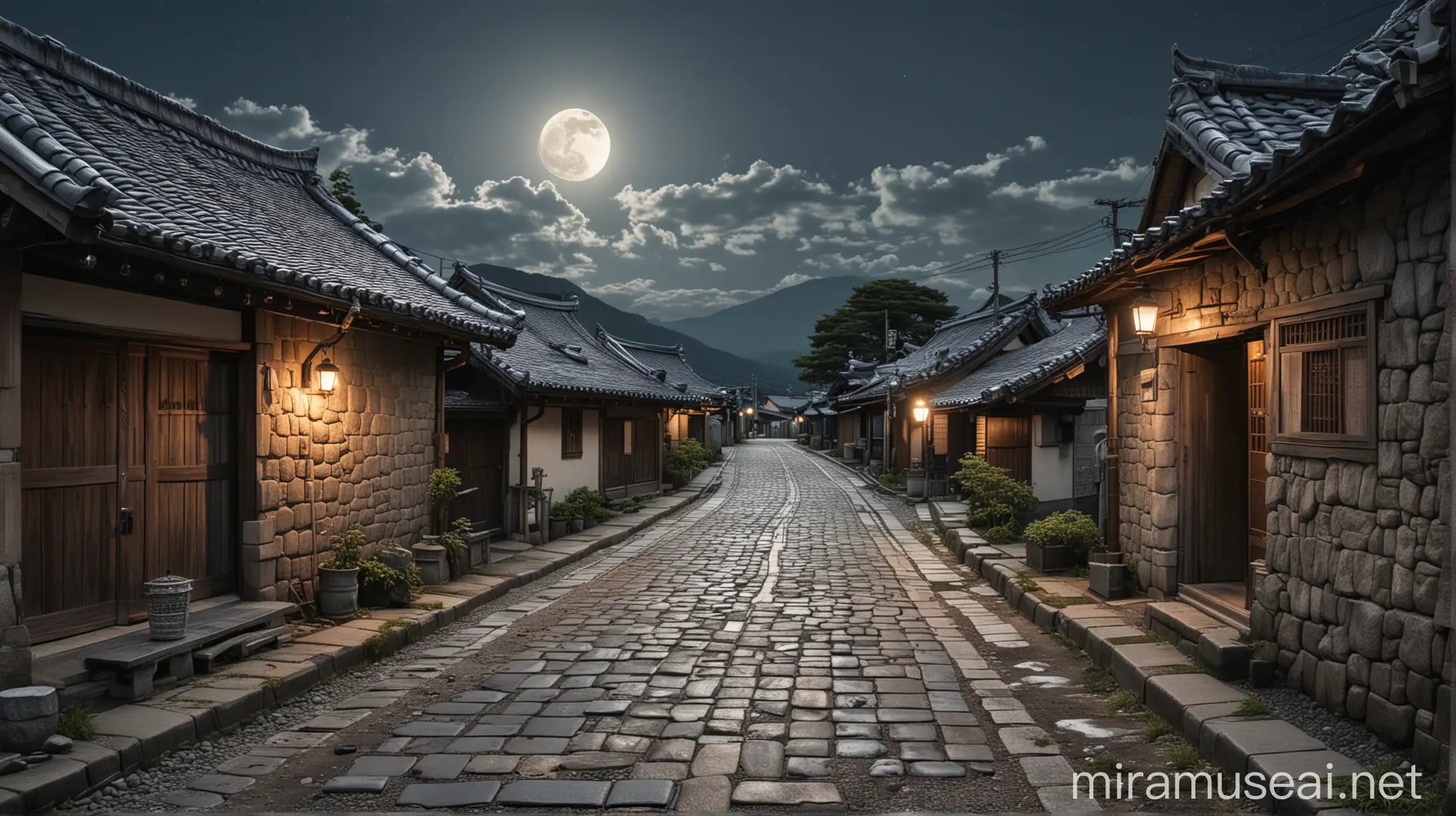 Apocalyptic Japanese Village Street View Stone Roof Houses and Moonlit Stone Road