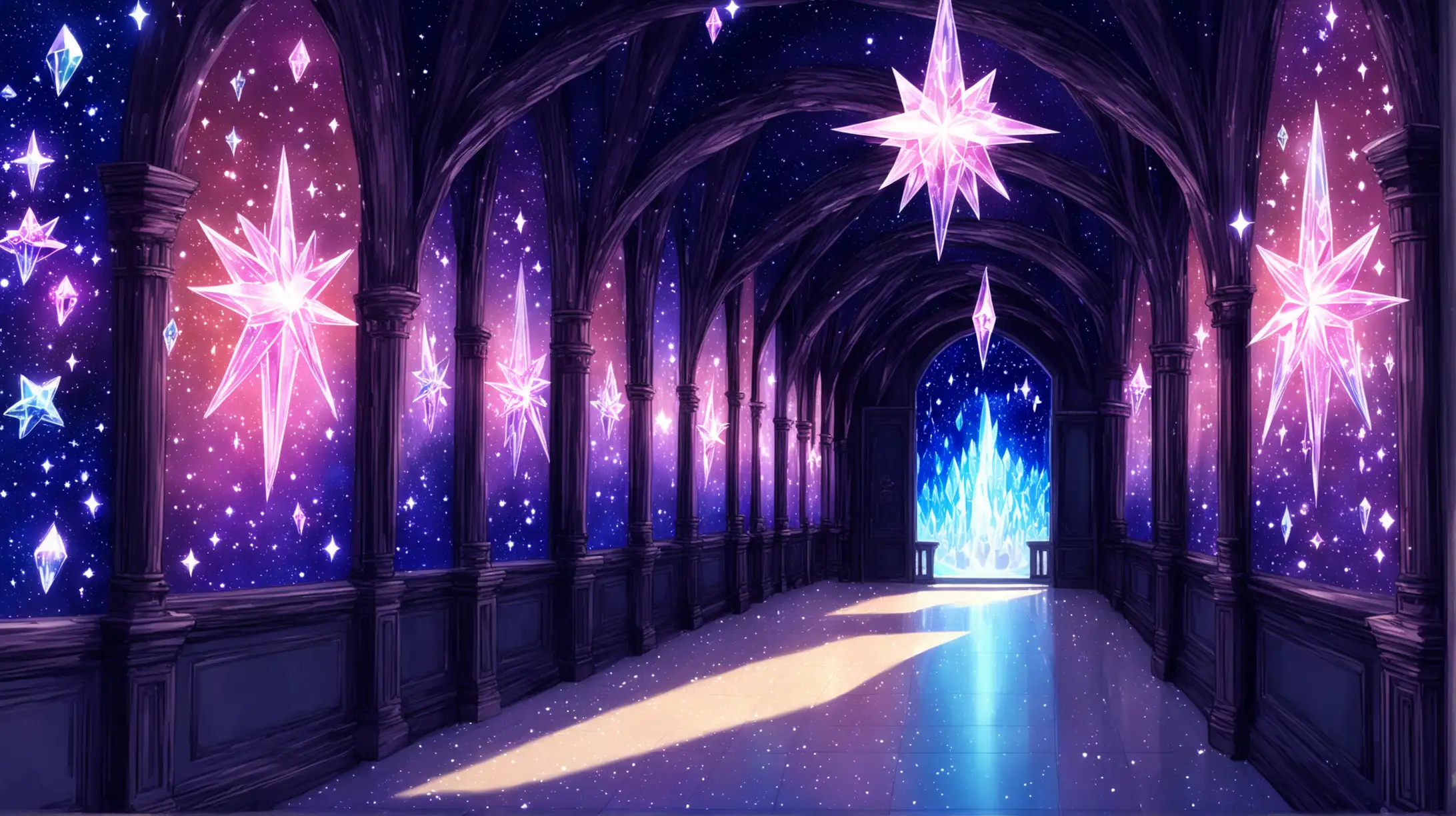 Enchanted Exterior Hallway of a Magic School with Stars and Crystals