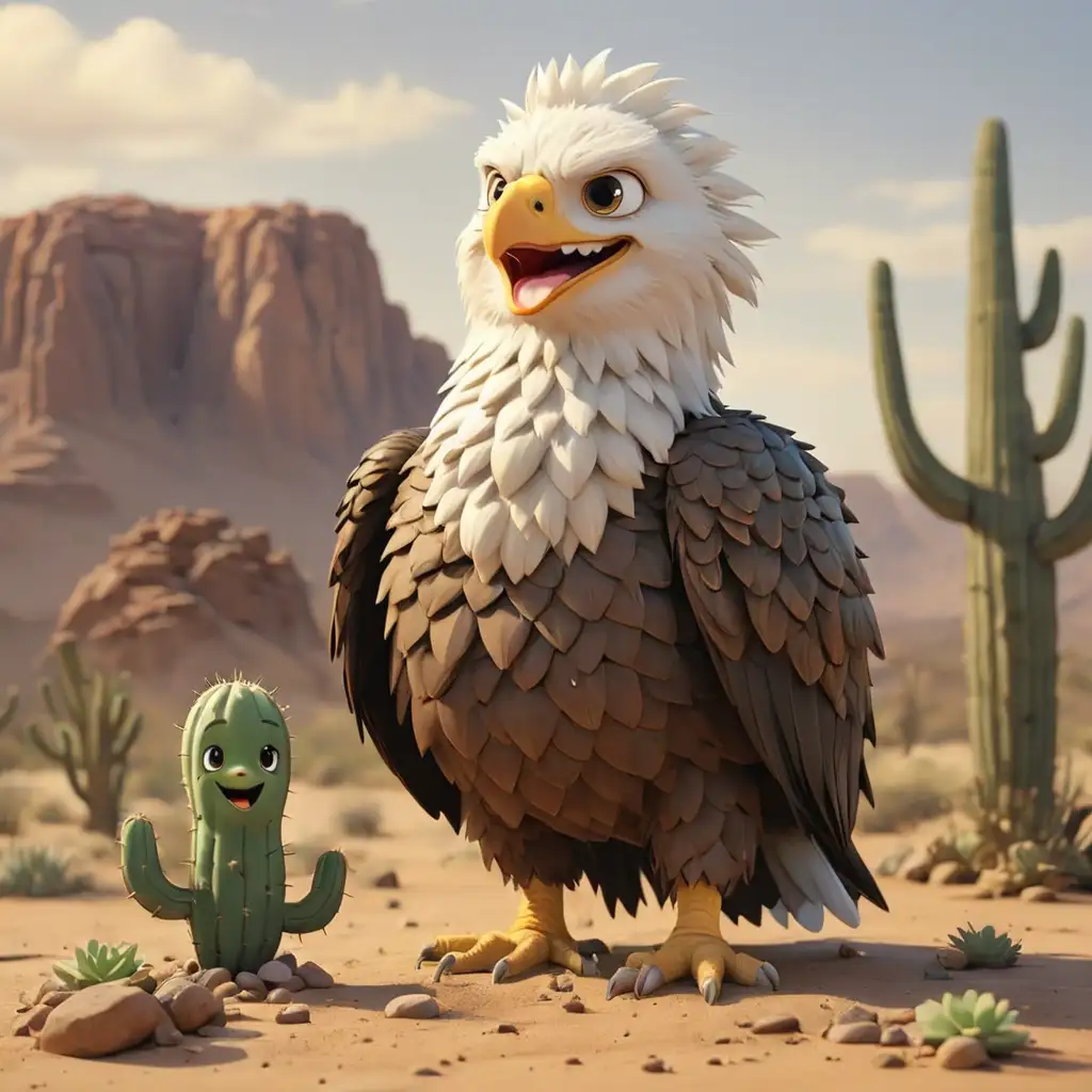 Cartoon Cactus and Smiling Eagle in Desert Scene