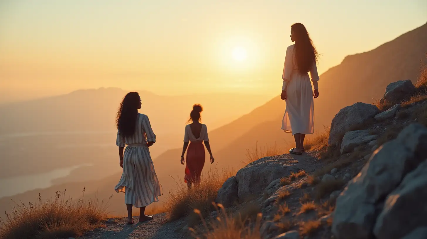 Three Beautiful African American Women Progressing from the Foot of a Mountain