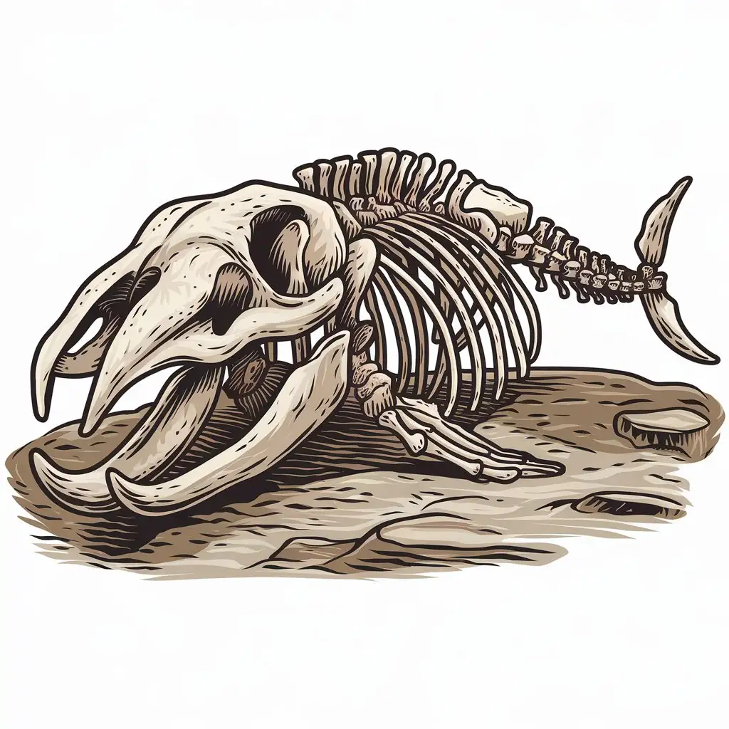 Cartoon Style Whale Skeleton Drawing with Thick Lines