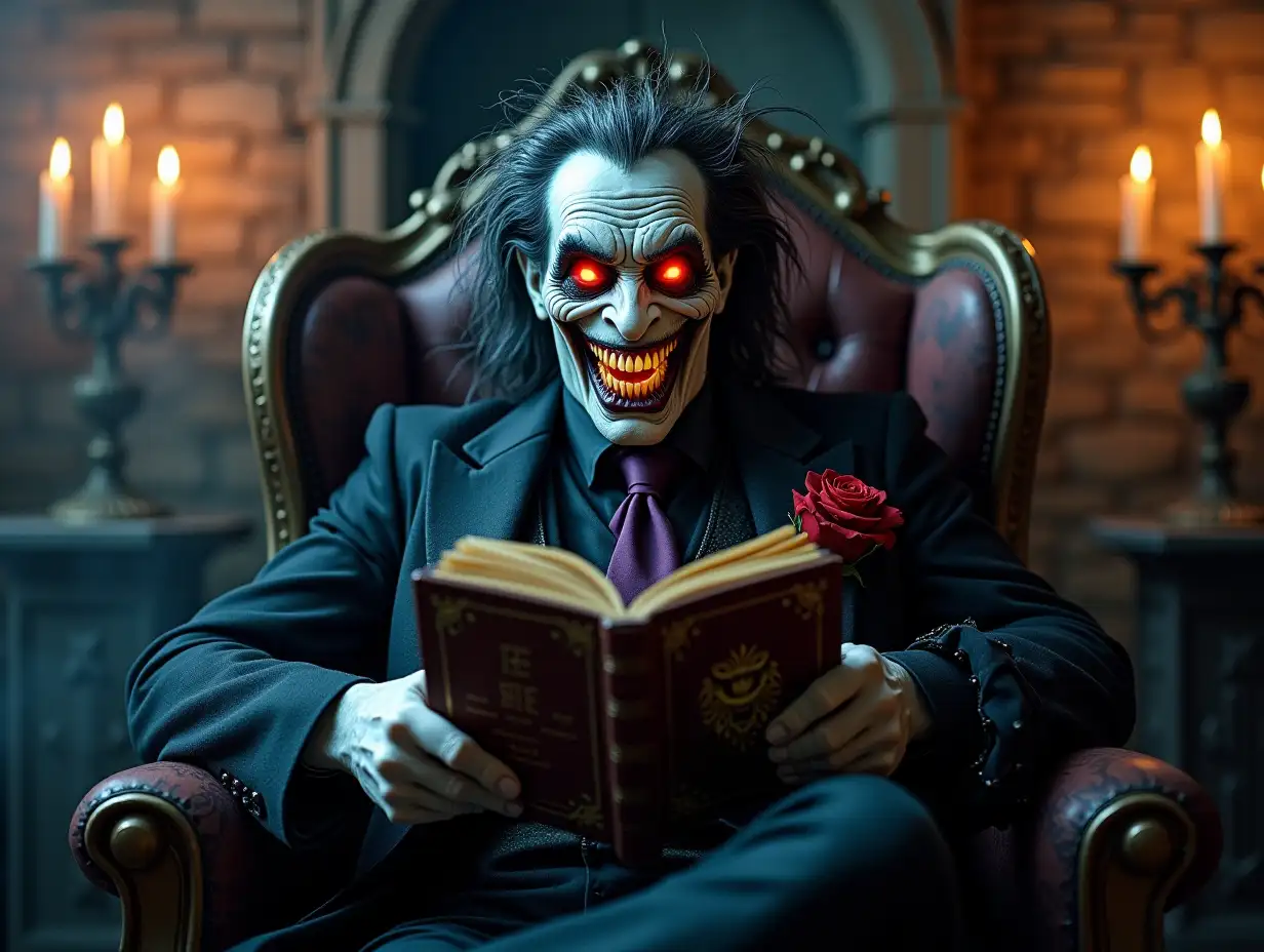 A sinister humanoid figure, The Keeper, seated confidently in an ornate Gothic armchair. His pale white face features glowing red-orange eyes encased in thick, smudged black shadows, and a grotesque, black, exaggerated grin that stretches unnaturally across his face. His disheveled black-and-silver hair cascades wildly, adding a ghostly, unhinged aura. He wears a tattered Victorian-style suit with frayed edges, a slightly open collar, a dark purple tie, and a vibrant red rose pinned to his lapel, adding an eerie touch of elegance. In his gnarled hands, he clutches an ancient tome with glowing runes and an embossed, sinister face on the cover. The dimly lit room is filled with swirling mist, flickering candles on Gothic candelabras, and shadowy stone walls. The lighting casts sharp contrasts, highlighting The Keeper’s unsettling grin, the eerie tome, and the macabre elegance of his attire, blending dread with dark humor.