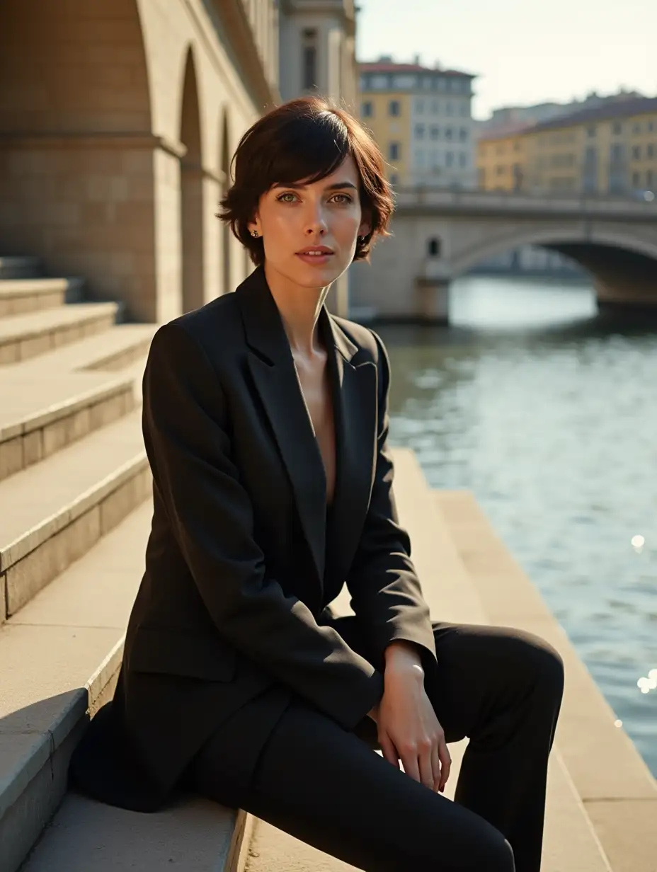 stylish elegant italian model woman, 30 years old, with short dark hair, with fashionable hairstyle, in fashionable and sophisticated clothes, in trouser suit, sitting on steps of stairs by water, by river, beautiful embankment, sunny, rays of light embrace woman, stylish photo, fashion photo