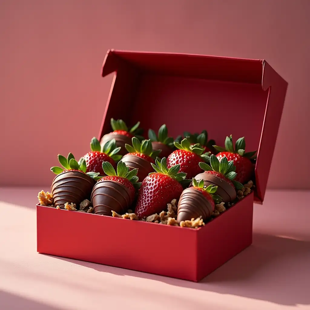 A product image of an elegant box filled with strawberries covered in chocolate