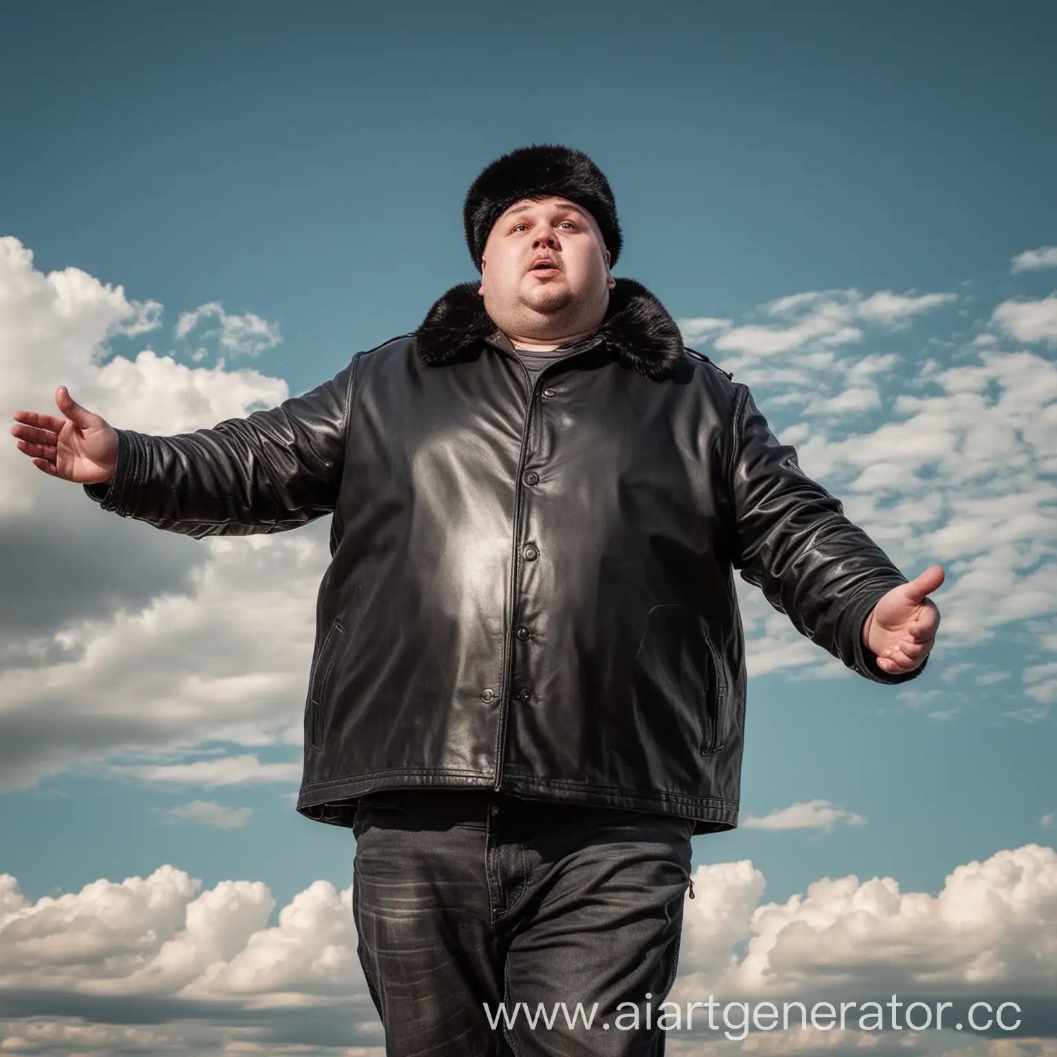 Overweight-Man-in-a-Black-Leather-Jacket-and-Ushanka-Soaring-Through-the-Sky