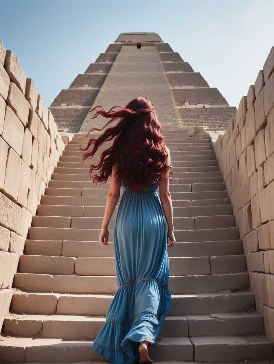 Ancient Pyramid Exploration Woman with Burgundy Hair and Greek Dress Ascending Steps