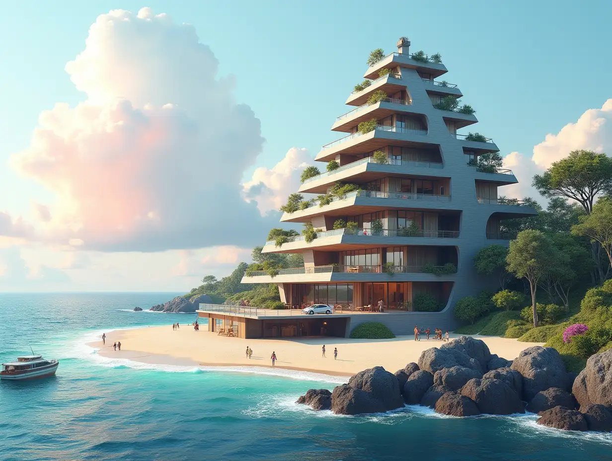 Create a high-resolution, realistic panorama image of a futuristic terrace building with window pyramid house with bridge, a yacht and a small boat beach with people, many plants and grey and brown facades with sea with waves, big trees, pink clouds