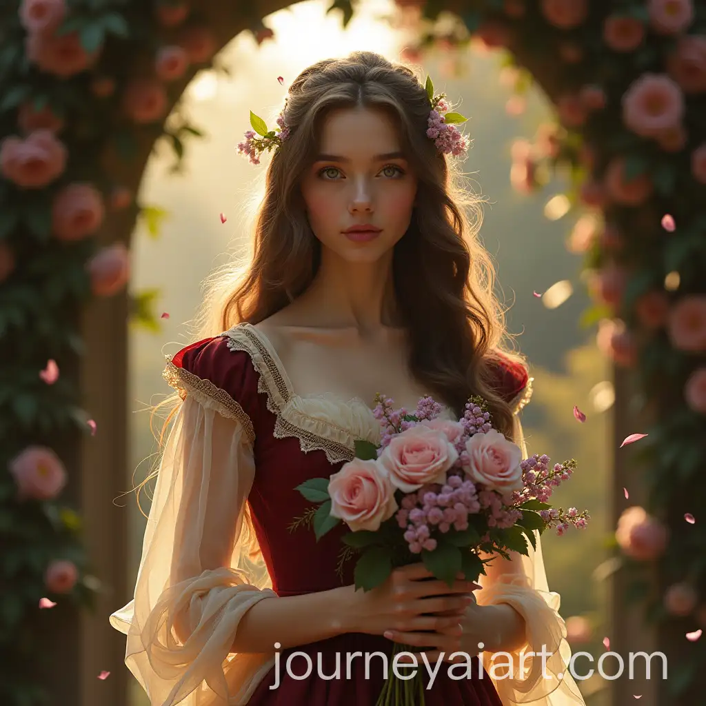 Whimsical-Young-Woman-in-Victorian-Dress-with-Bouquet-in-Flower-Archway