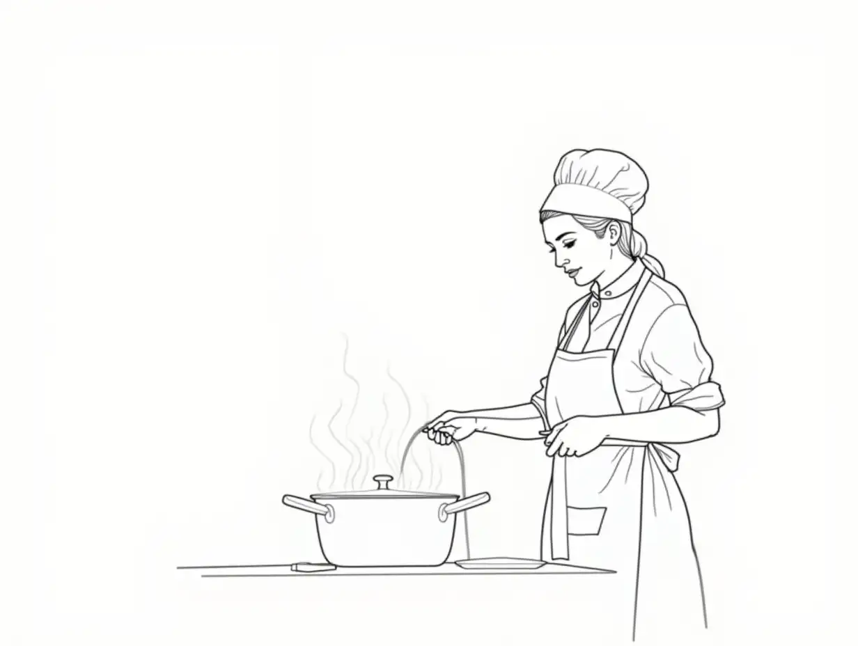 woman cook drawn with a single black line, she is standing near a pot,, it is on the table, steam is coming out of the pot, in one hand she holds an apron, portrait