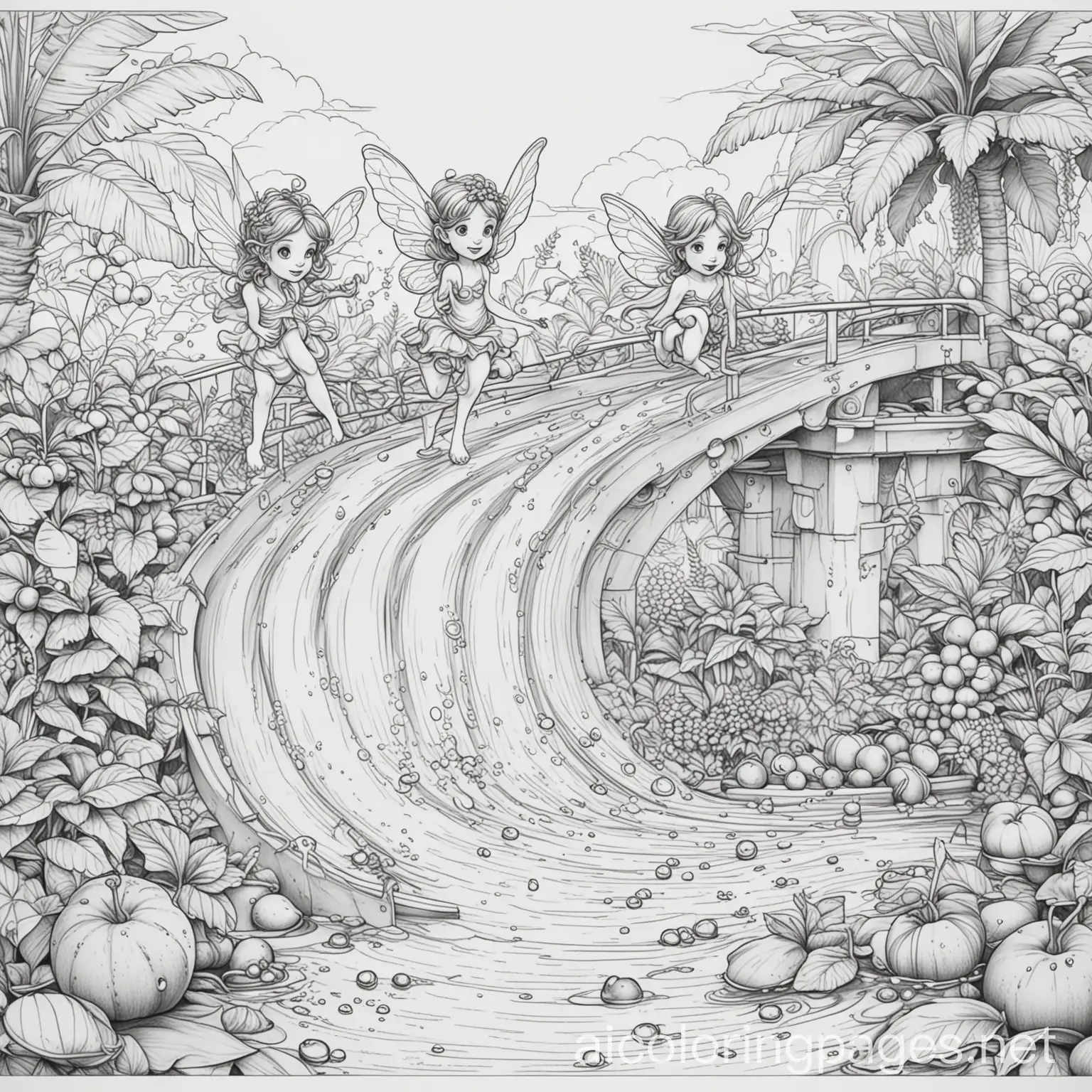 fairies sliding down a water slide doing flips into a pool with fruit in, Coloring Page, black and white, line art, white background, Simplicity, Ample White Space. The background of the coloring page is plain white to make it easy for young children to color within the lines. The outlines of all the subjects are easy to distinguish, making it simple for kids to color without too much difficulty