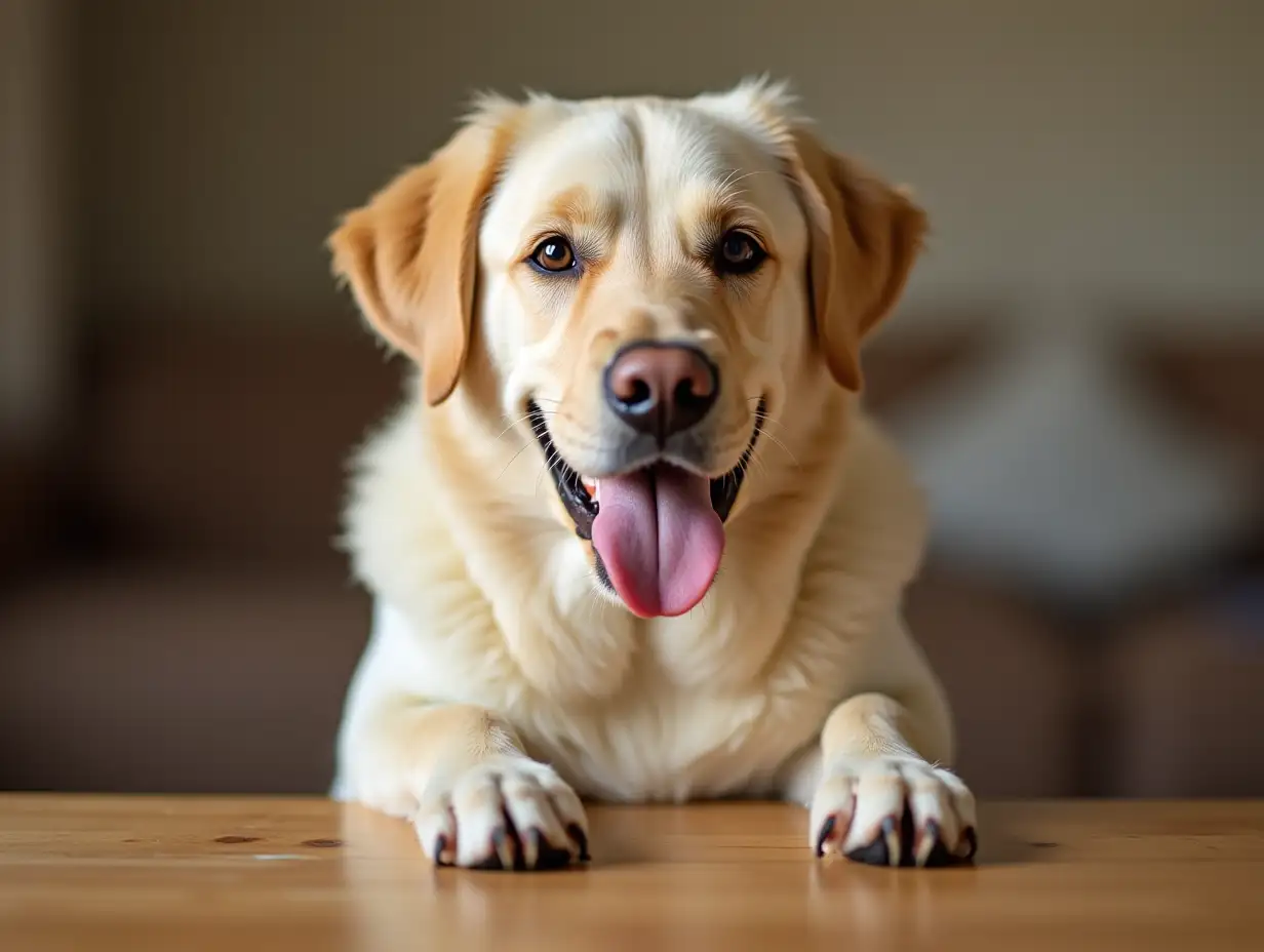 happy dog, breed labrador, sits at table, paws on table