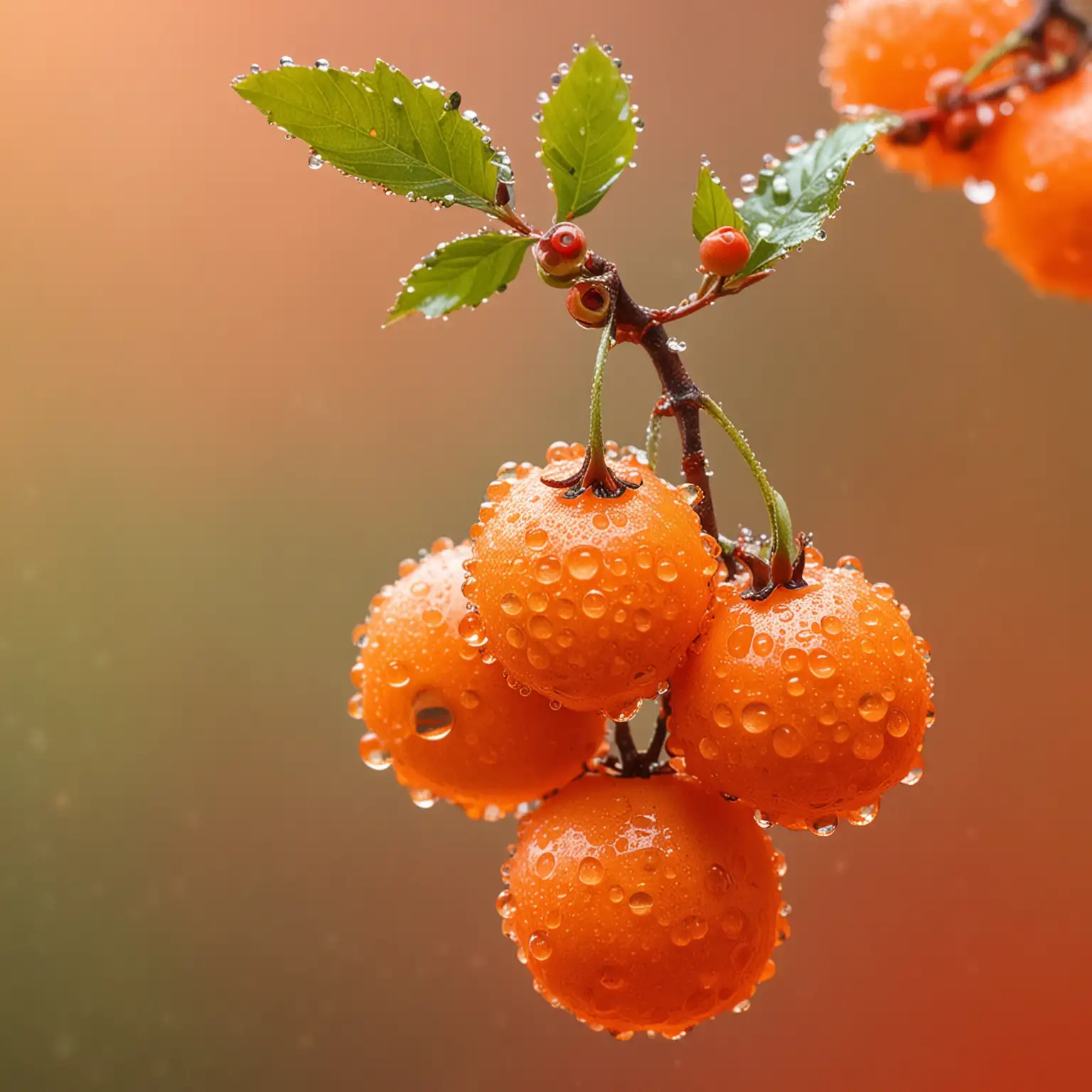 berries of juicy rowan droplets dew orange background