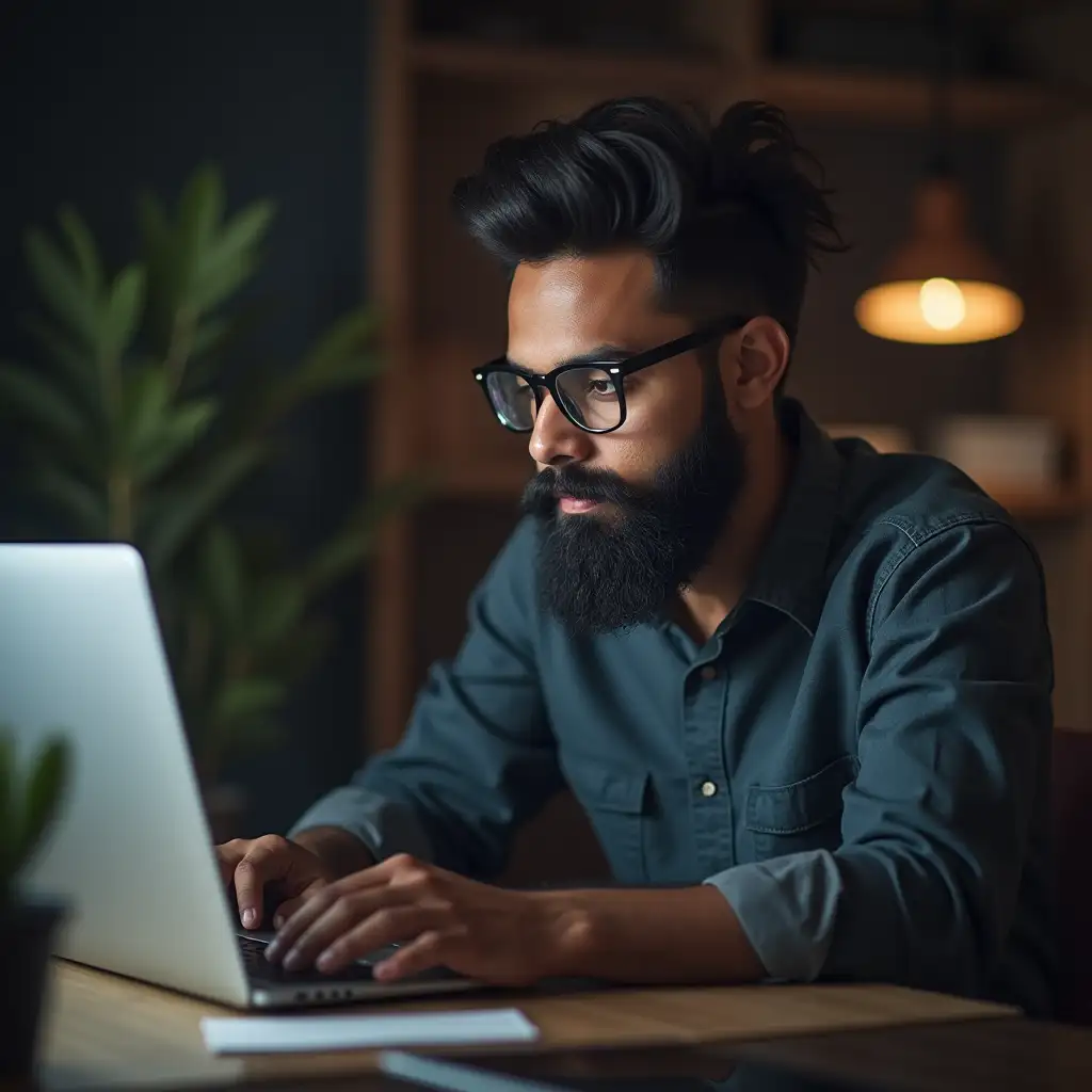 make an image of a man doing copywriting looking at laptop screen with focus, bangladeshi bearded wears spectacles