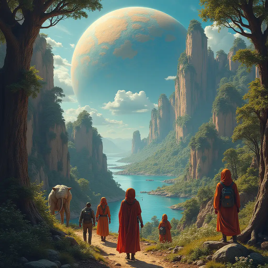 Ultradetailed hyperrealistic portrait  Multiverse time travelers with various strange beings The elaborately detailed, colorful forested planet, in the background mountains and sea