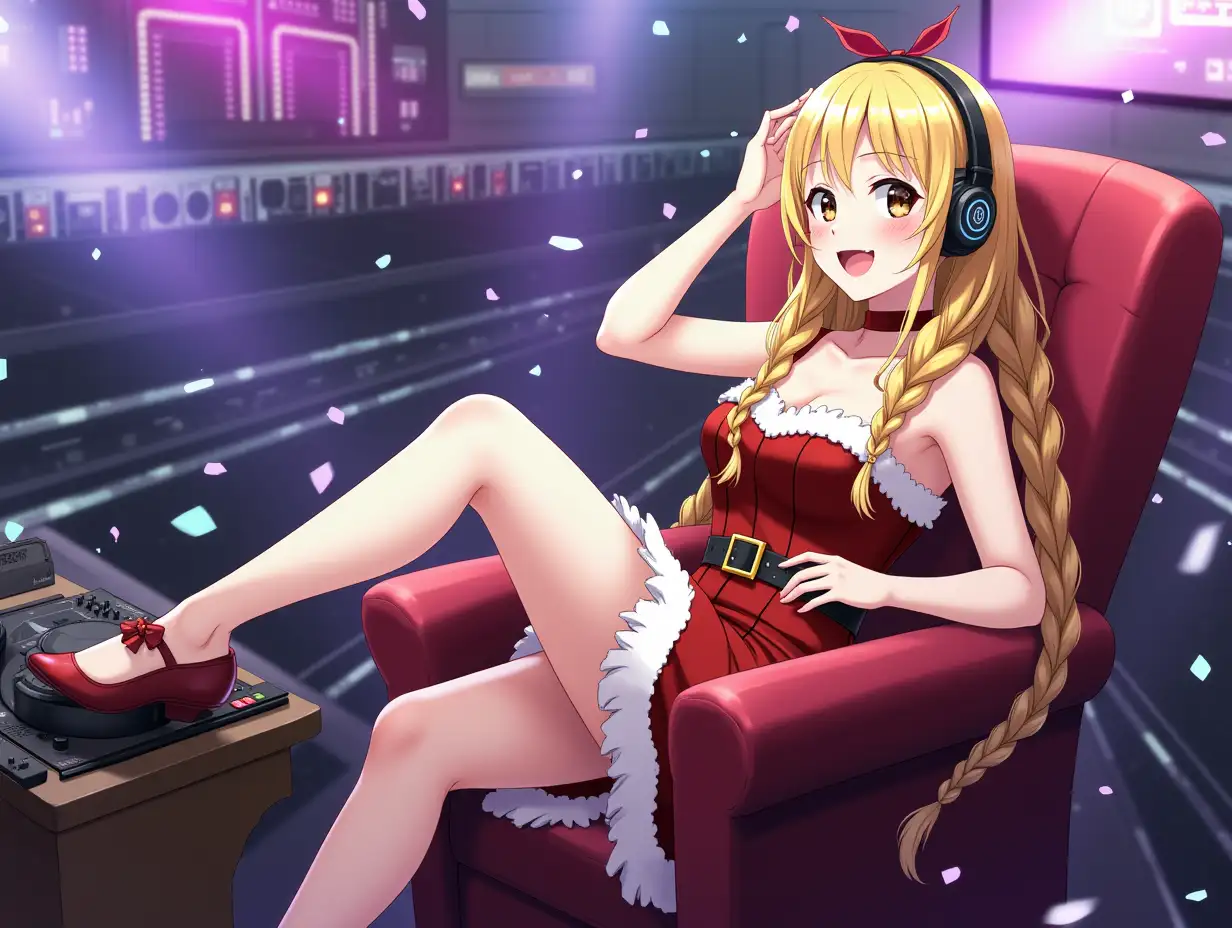 1_girl,solo, anime girl, santa dress, headphones,DJ turntable set,club lighting,stage,confetti,dancing,smiling,(best quality:1.2),(ultra-detailed:1.2),(realistic:1.37),HDR,vivid colors,portraits,headphone girl,energetic pose,colorful lights,stage set,confetti raining,joyful expression,dance floor ,anime style, atmosphere,techno music,electronic dance music,festival vibes,hip hop beats,festival outfit,energetic dance moves,expressive eyes,long braided hairstyle with vibrant blonde color, brown eyes, elaborate makeup neon lights,beaming smile,positive vibes,high-energy performance,stylized backgrounds,colorful visuals,excitement in the air, seated on a chair or sofa with one leg elegantly draped over the armrest. Her body should be relaxed yet poised, with a gentle curve in her posture to create a sense of laid-back luxury. One arm can rest across her lap, or she can lean slightly on the opposite armrest for balance. The other arm may be draped casually over the back of the chair, adding to the relaxed mood.