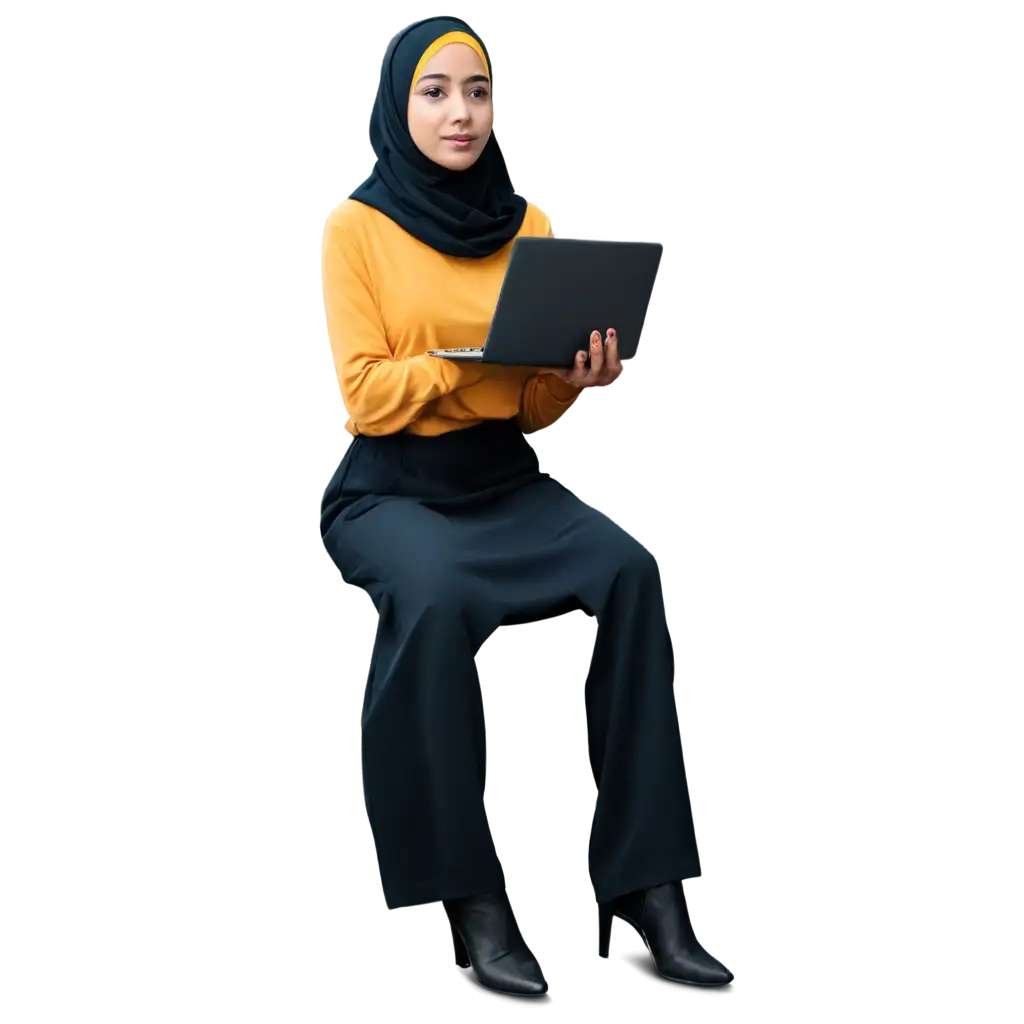 Hijab-Girl-Sitting-in-Front-of-a-Laptop-PNG-Yellow-Clothes-and-Black-Hijab-Front-View-Image