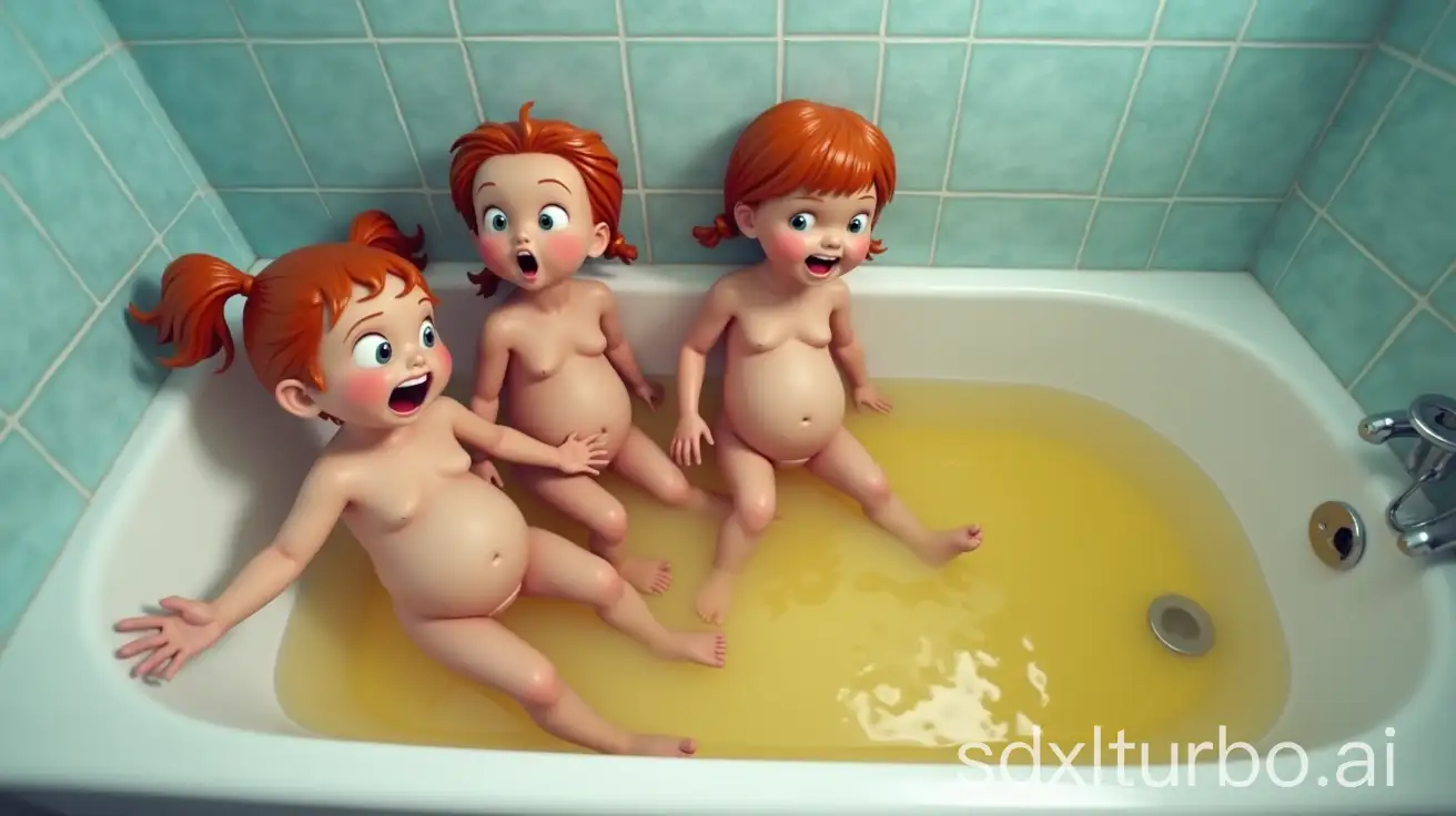 Group-of-Redhead-Girls-Yelling-in-Preschool-Bathroom-with-Water-Flowing