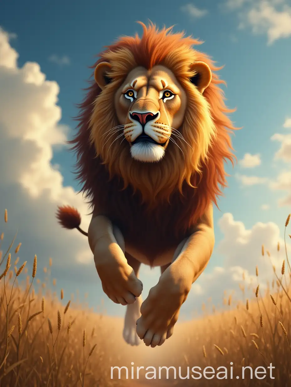 Majestic Lion Soaring through a Vibrant Sky