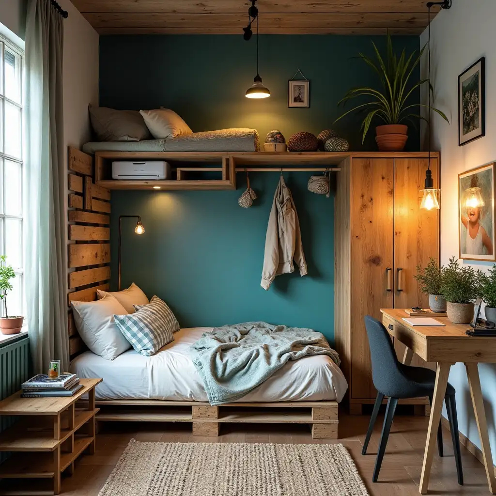 Industrial-Style-Bedroom-with-Reused-Pallet-Wood-Furniture-and-Ocean-Wall-Accent
