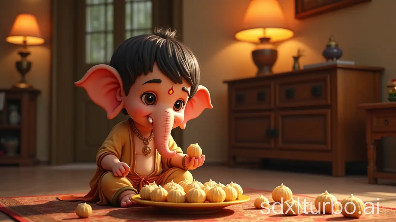 Young-Lord-Ganesha-Enjoying-Modak-Sweets-in-Cozy-Indian-Home