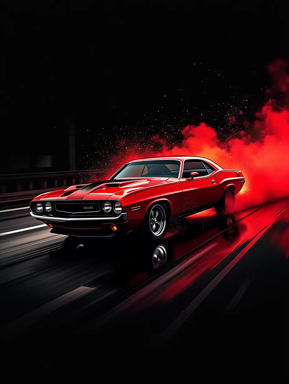 A sleek red muscle car racing through a dark urban street, with bold red and black paint splashes exploding around it, sharp reflections of the city on the glossy surface of the car, set against a pure black background, with intense shadows and highlights enhancing the drama and speed.