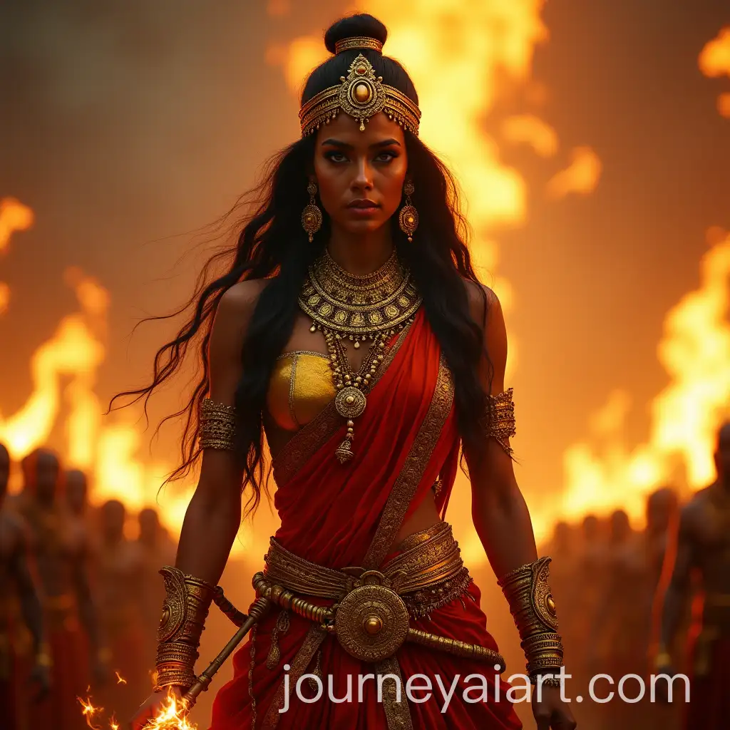 Indian-Female-Warrior-Goddess-in-Golden-Armor-with-Fiery-Background-and-Glowing-Weapon