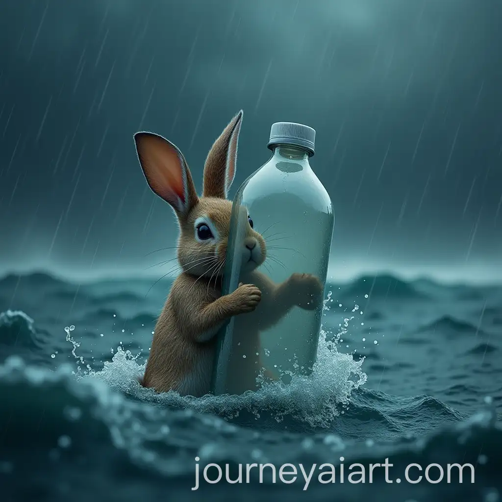 Sad-Wet-Rabbit-Clinging-to-Floating-Plastic-Bottle-in-Stormy-Ocean