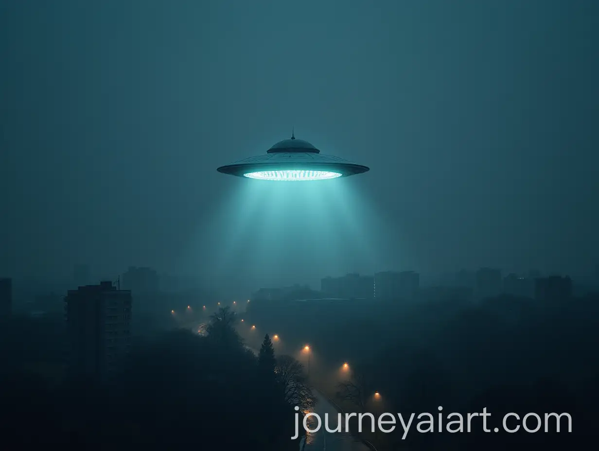 UFO-Landing-in-a-City-Landscape-on-a-Foggy-Rainy-Night